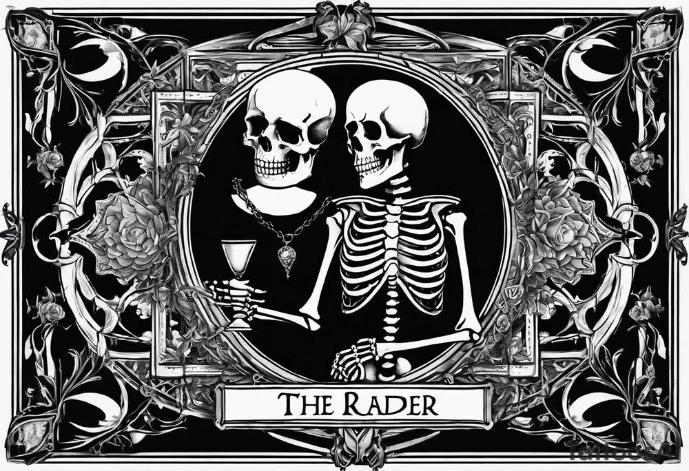 Gothic tarot card with a skeleton reading a book with a name plate “the reader” tattoo idea