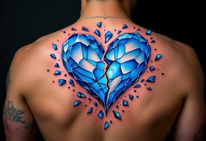 A heart made of blue ice, cracking apart, with cyan shards floating around, representing a love turned cold tattoo idea