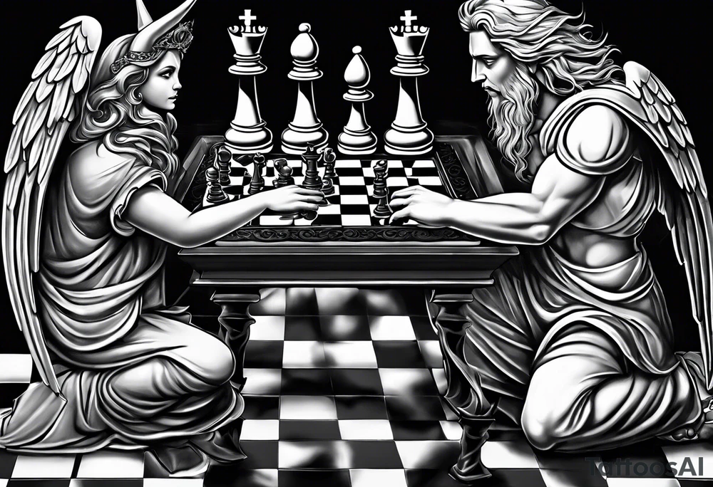 an angelic hand making a strategic move on one side of the chessboard, while the demonic hand on the other side counteracts, symbolizing the timeless struggle. tattoo idea