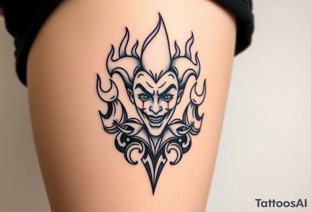 Powerful new age joker surrounded by flames tattoo idea