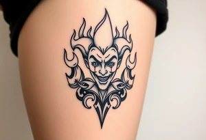 Powerful new age joker surrounded by flames tattoo idea