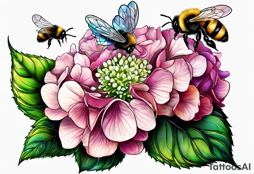 Small tattoo. There’s a hydrangea and a bee but they are not touching. Make the bee smaller than the hydrangea and have the bee off to the side. tattoo idea