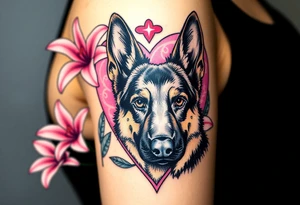 strong looking short haired german shepherd with alert ears surrounded by pink lilies with large leaves in front of a sacred heart tattoo idea