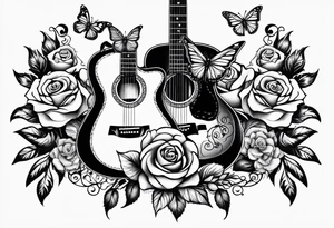 Acoustic guitar with 
roses and butterflies on the right side only tattoo idea