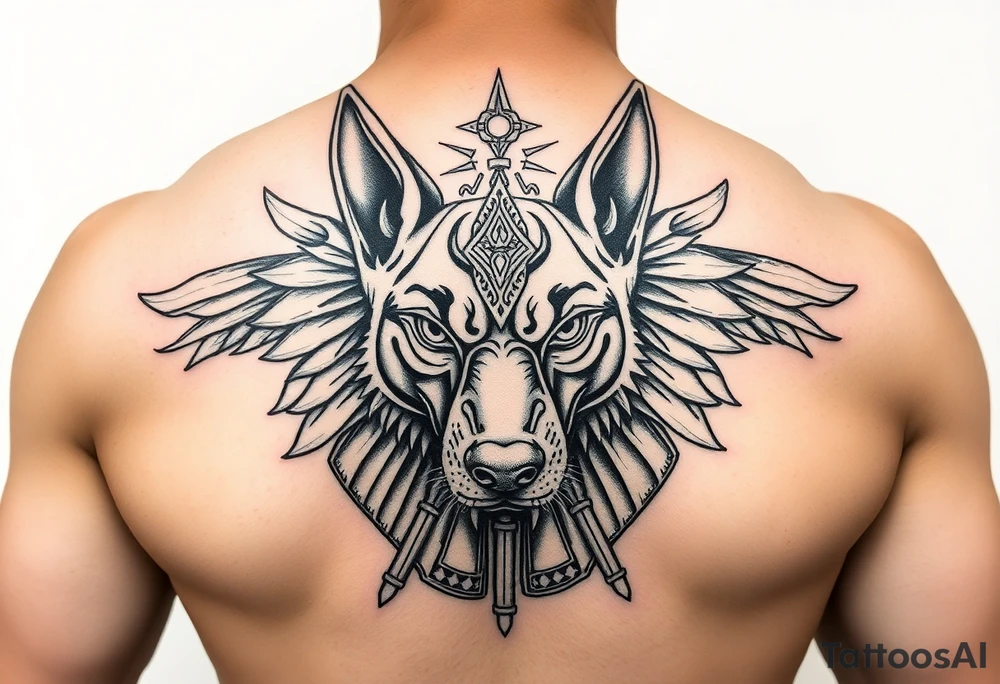 Egyptian Anubis god powerful face muscle in Egypt style dog face surrounded Egyptian symbols tattoo idea