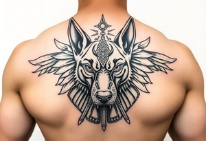 Egyptian Anubis god powerful face muscle in Egypt style dog face surrounded Egyptian symbols tattoo idea