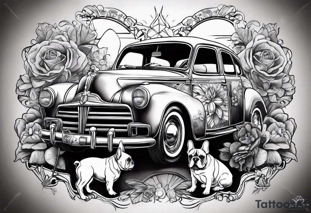 A french bulldog to dices vith the telores C and R four clower and a car tattoo idea