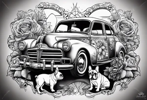 A french bulldog to dices vith the telores C and R four clower and a car tattoo idea