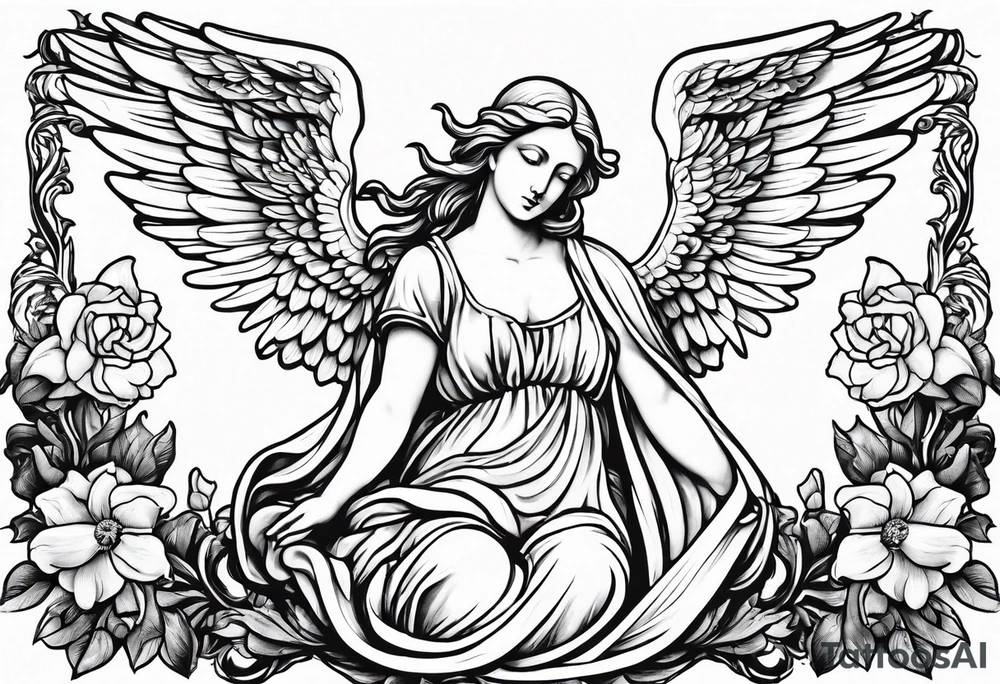 Simple Angel statue stood on a rock with daffodils and roses wrapped around its legs tattoo idea