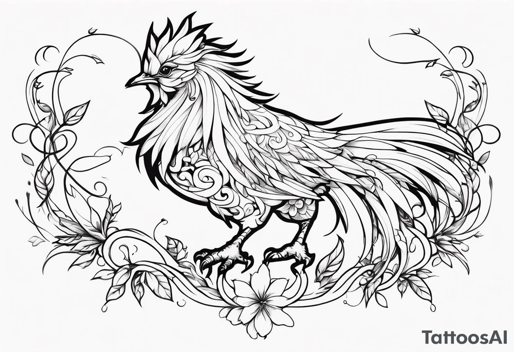 Chocobo covered in flowery vines, forearm tattoo tattoo idea