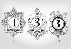 ⅓, ⅔, and 3/3 for siblings, with flourishes or design elements around the numbers tattoo idea