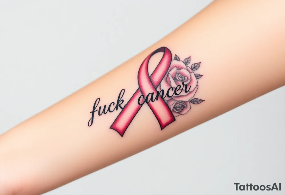 Breast Cancer ribbon that says "fuck cancer"with light pink roses tattoo idea