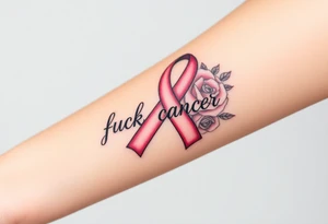 Breast Cancer ribbon that says "fuck cancer"with light pink roses tattoo idea