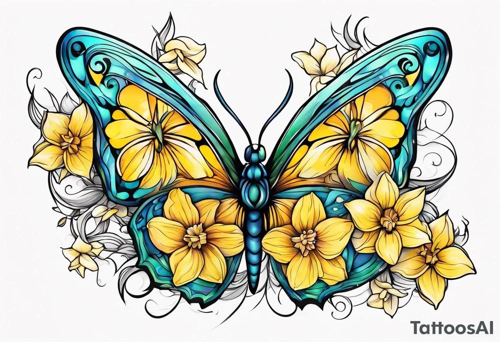 Butterfly, star and daffodils tattoo idea