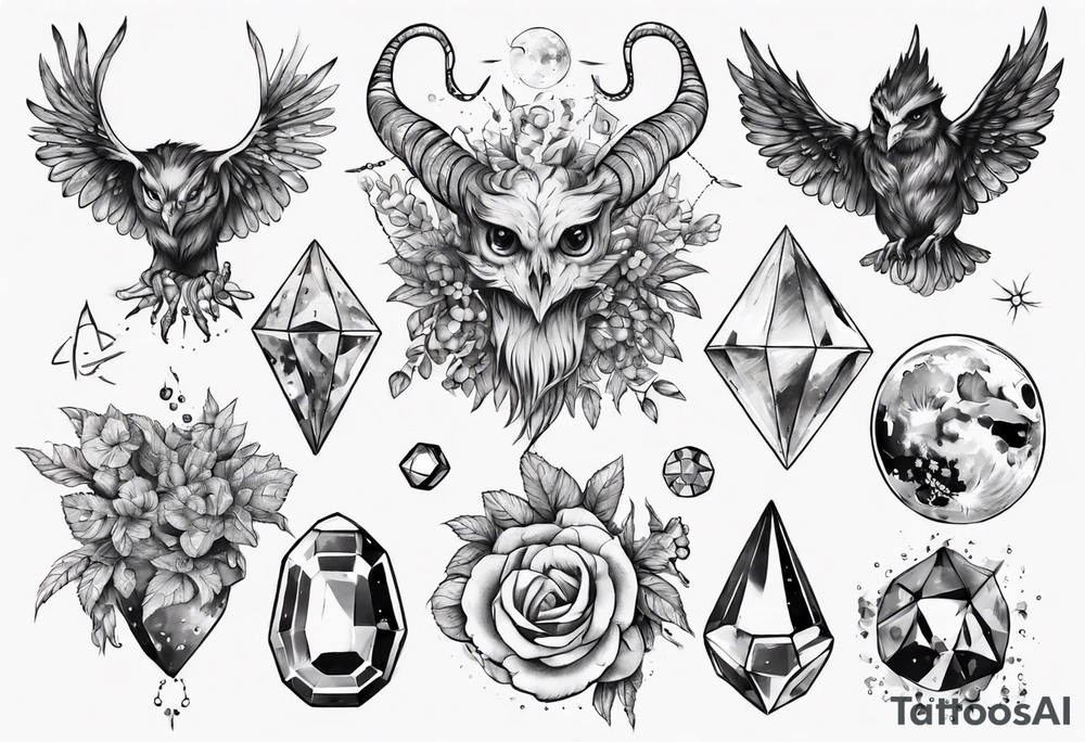 The demon Stolas surrounded by gems, astronomy and herbs tattoo idea