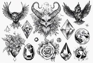 The demon Stolas surrounded by gems, astronomy and herbs tattoo idea