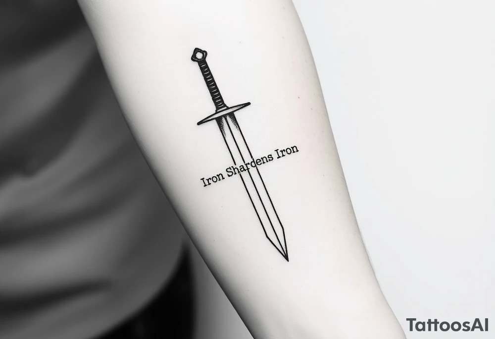 Minimalist black ink tattoo sketch of a vertical medieval sword with the phrase “Iron Sharpens Iron” engraved along the blade. Clean lines, no shading, forearm tattoo design. tattoo idea