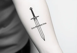 Minimalist black ink tattoo sketch of a vertical medieval sword with the phrase “Iron Sharpens Iron” engraved along the blade. Clean lines, no shading, forearm tattoo design. tattoo idea