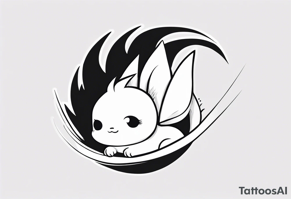 A fairy with a tail inspired by the logo of the anime show called Fairy Tail in a fetal position leaning in and forward while in the air floating tattoo idea