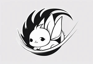 A fairy with a tail inspired by the logo of the anime show called Fairy Tail in a fetal position leaning in and forward while in the air floating tattoo idea