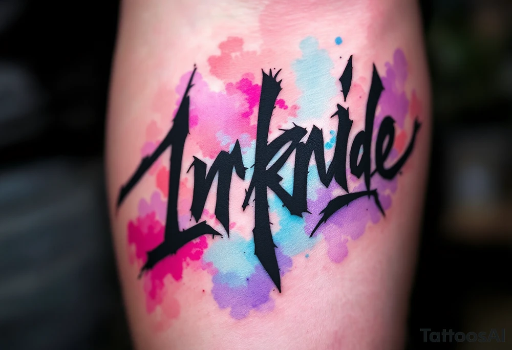 Black ink lettering with a watercolor background blending soft pink, lavender, and sky blue. tattoo idea