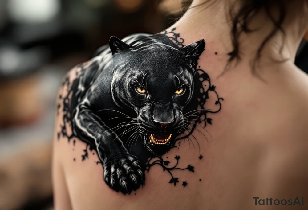 A majestic realistic black panther mid-pounce, with glossy fur in deep obsidian and charcoal highlights, casting a shadow on the skin. tattoo idea