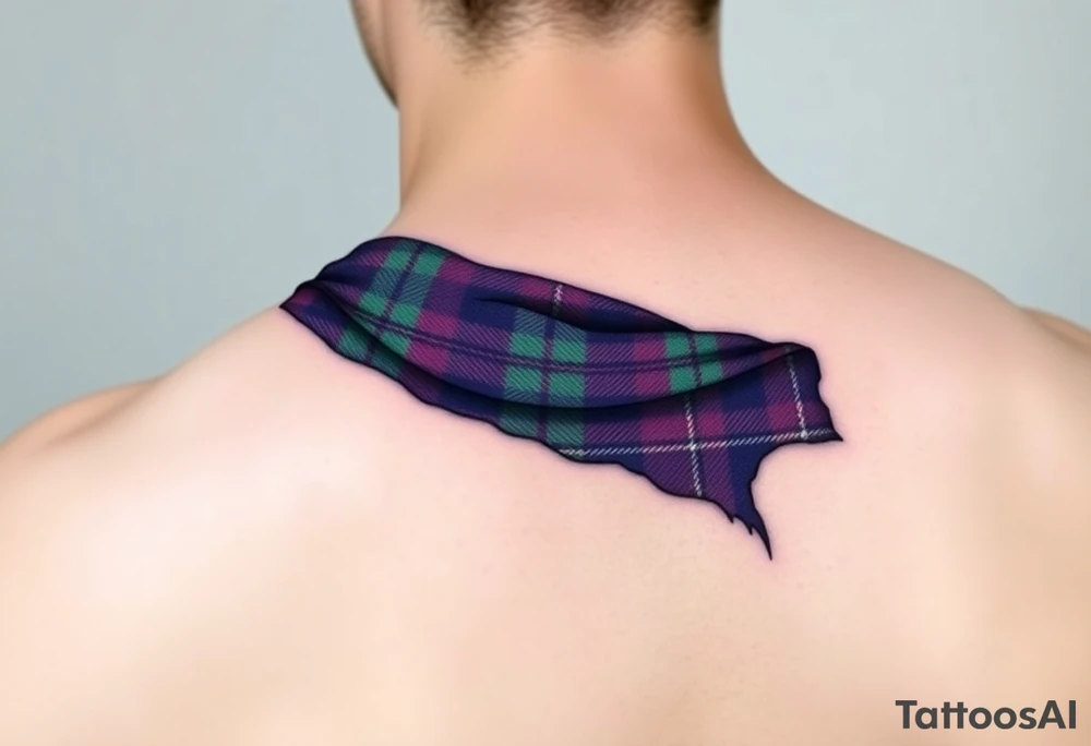 Dark Purple with green pink blue and white highlights tartan fabric with flesh peeling away at edges wrapping around shoulder tattoo idea