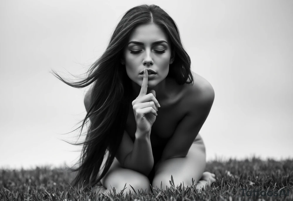 Theme: A powerful portrayal of the "See No Evil, Hear No Evil, Speak No Evil" concept, interpreted as a deliberate choice of selective perception and silence. The direct gaze and front-facing pose draw the viewer into her deliberate act of willful ignorance and secrecy.
Placement:  full front / full front thigh piece
Style realism black and grey).
Vibe: Striking,beautiful, and serene.
The Woman:
Pose: Kneeling on the grass, facing fully forward toward the viewer. The depiction will focus on her face, neck, upper chest, and torso.
Hair: Long hair flows forward and out to the sides, caught by the wind. It frames her face and shoulders.
Face - Eyes: Eyes are closed, emphasizing her active choice to close herself off.
Face - Nose/Mouth: A finger is held vertically to her lips in a "shush" or "don't speak" gesture, prominently visible centered on 
  Ears are seen bleeding and blood stains in the side in her left cheek 
Background/ Environment:
 Lush green grass where she is kneeling, at the very bottom of the composition.
Flowers roses and Beautiful  plumeria flowers bloom around her kneeling form,  framing her hips or flowing near the grass line. As the sun is setting 
Butterflies: Different sized butterflies flutter in the space around her chest and hair, adding organic movement.
Essential References & Inspiration
Examples of hair blowing forward in the wind, framing the face and chest.
Specific examples of the "shush" finger-to-lips pose from a front angle.
 pink plumeria and various butterflies. tattoo idea