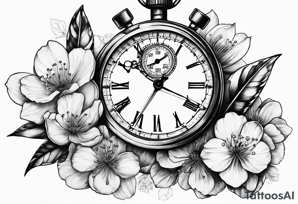 Stopwatch, sword and cherry bloom tattoo idea