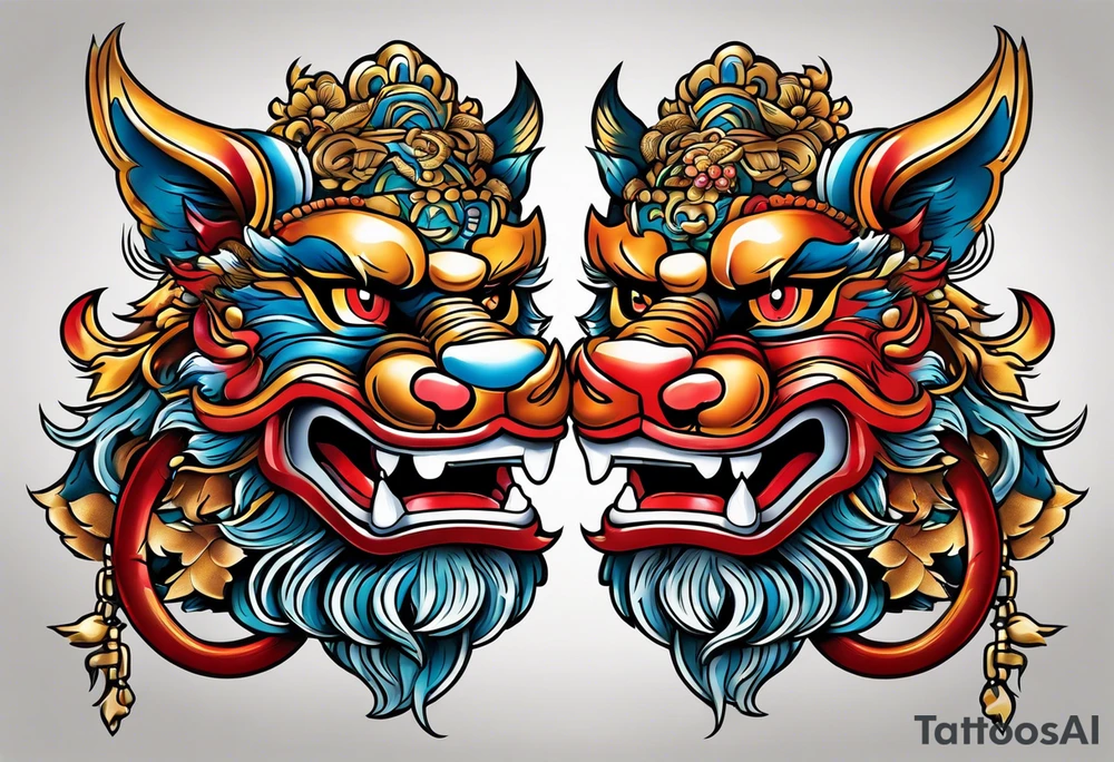 Pair of neo traditional Okinawa shisa, one has mouth closed, the other one, has mouth open. tattoo idea