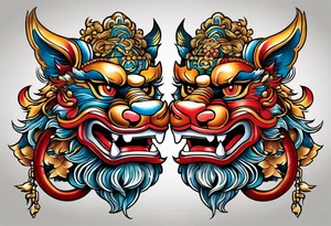 Pair of neo traditional Okinawa shisa, one has mouth closed, the other one, has mouth open. tattoo idea