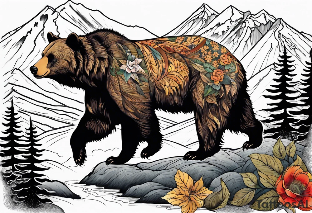 Bear in the mountains, hunting elk and deer tattoo idea