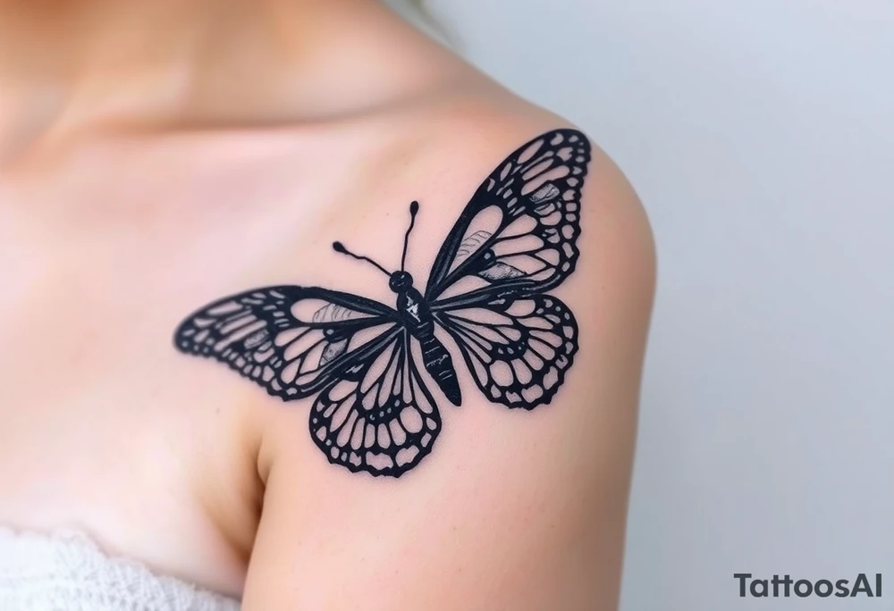 A black lace butterfly with intricately patterned wings, featuring subtle silver highlights tattoo idea