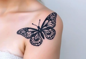 A black lace butterfly with intricately patterned wings, featuring subtle silver highlights tattoo idea