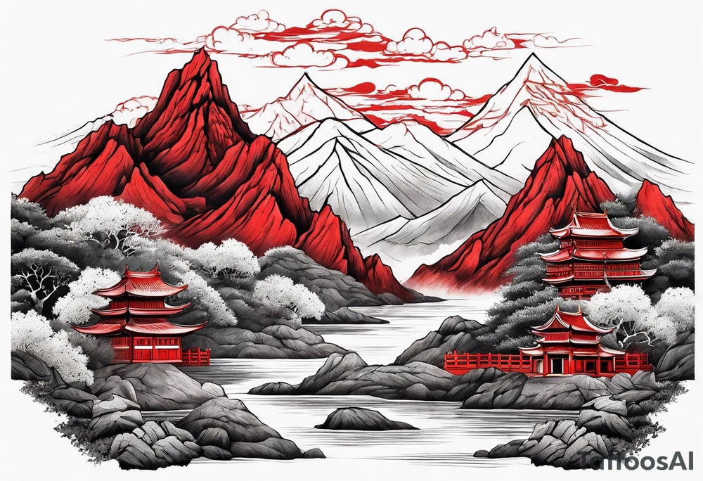 red mountains on which there are two castles tattoo idea