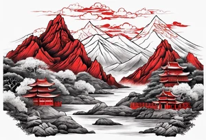 red mountains on which there are two castles tattoo idea