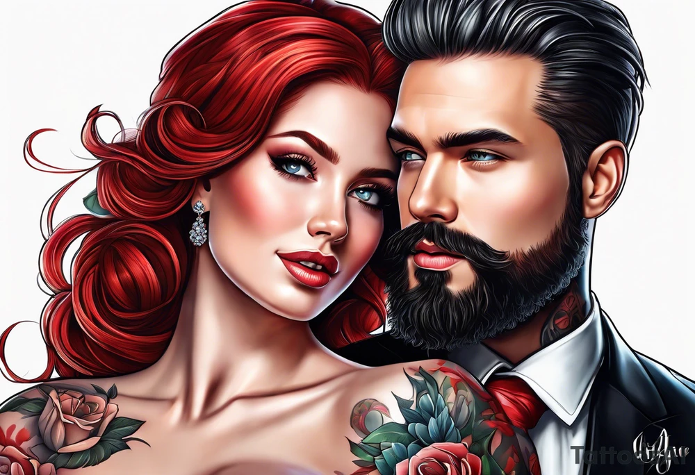 Busty red haired woman with a bearded man who has black hair getting married tattoo idea