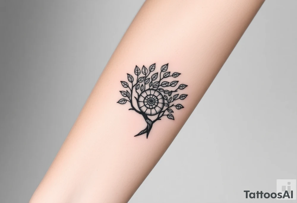 Fibonacci spiral shell inside of tree full of lots of leaves tattoo idea