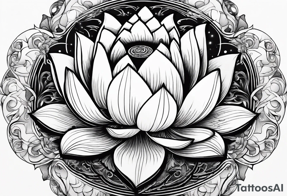 a masculine line drawing of a lotus flower with a yin yang in the flower tattoo idea