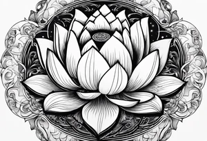 a masculine line drawing of a lotus flower with a yin yang in the flower tattoo idea