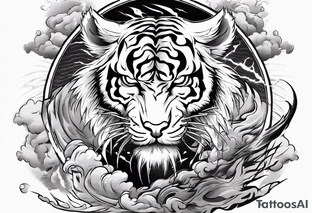 tiger warrior with lightning and the sun for a forearm sleeve tattoo idea