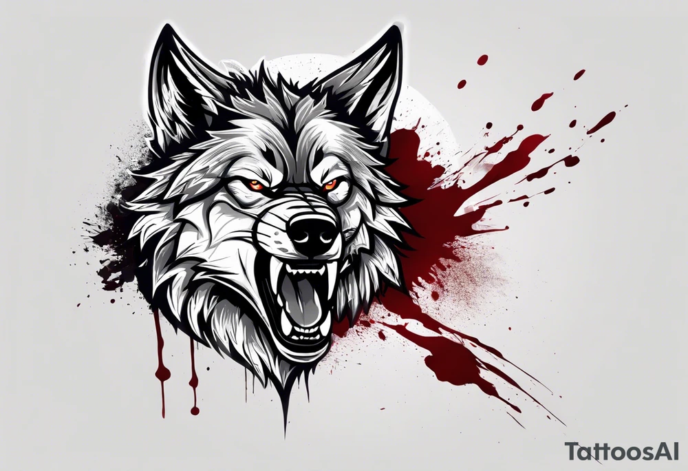 Create aggressive WOLF, with some blood coming out of his mouth and saliva. BLOOD IN THE BACKGROUND. Make it a drawing and use the image of reference. I am going to add. I want HIM TO BE ANGRY WITH RED EYES use VICIOUS WOLF THATS ANGRY tattoo idea