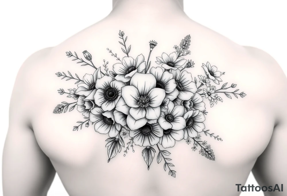 Bouquet of roses, snowdrops, marigolds, asters and gladioli tattoo idea