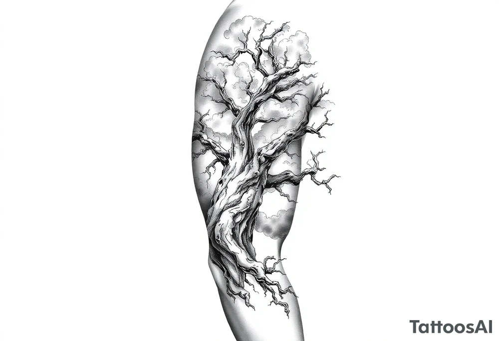 right arm sleeve, giant tree branch made of stone, clouds and lightning mixed throughout, tattoo idea