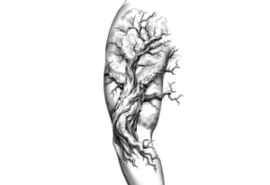 right arm sleeve, giant tree branch made of stone, clouds and lightning mixed throughout, tattoo idea