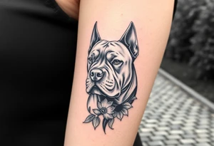 Very thick muscled up pitbull portraits fading into the background as filler incorporate sunflowers, an old road made from pavers tattoo idea