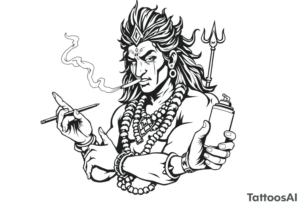 Shiva smoking a joint with one hand and holding spray paint with another hand tattoo idea