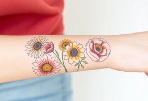 Small watercolour style bunch of wild flowers including lillium orientalis, sunflowers, poppies and peonies to be placed on forearm tattoo idea