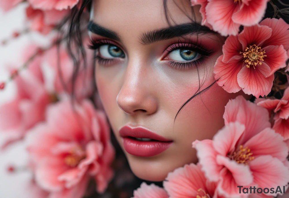 A close-up of Christina’s determined face surrounded by vibrant red and pink flowers. Her face is framed by soft lines, reflecting her bravery and loyalty within Dauntless. The red represents passion, while the pink signifies friendship and support.
Colors: Vibrant red, soft pink, black. tattoo idea
