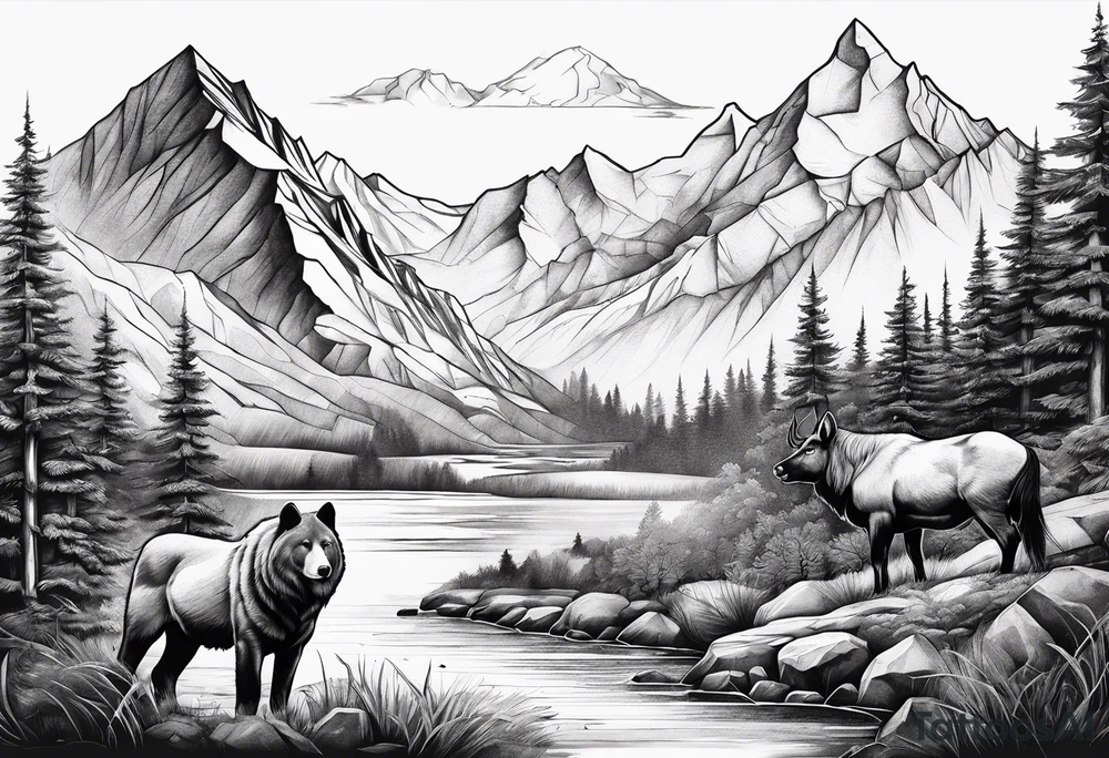 Mountains, animals, concept tattoo idea